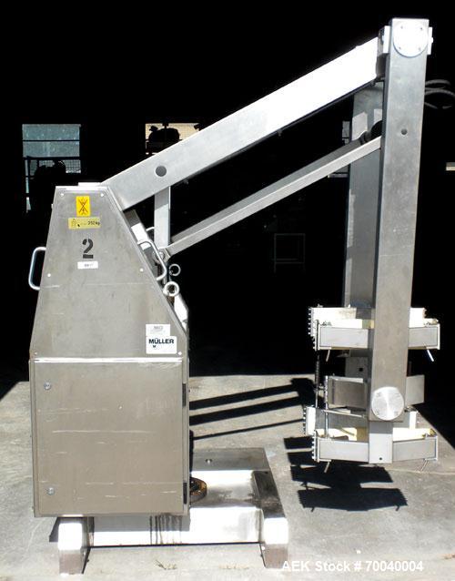 Used Muller Mobile Drum Handler, Model SLD 150/4, Stainless Steel. 23’’ (600 mm) Maximum diameter container, 550 pound maximum capacity lift load (250 kg), approximately 135’’ dump height. Operating ...