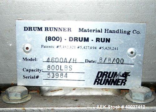 Used Material Handling Drum Runner, Model 4600A/H, carbon steel. 800 pound drum capacity, air/oil lift, manual tilt. Drum diameters 18" to 23 1/2", drum height 29" to 35", pour height 84". Mounted on...