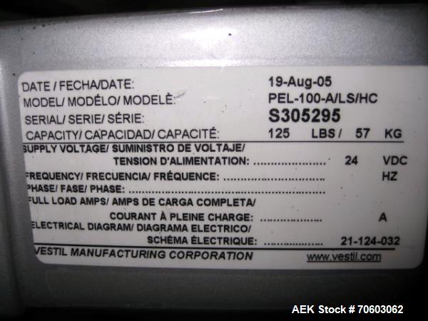 Used Vistil Manufacturing Company Lift, Model PEL-100-A/LS/HC, 125 lb / 57 kg capacity, 110V input, 24 VDC battery operated, serial number S305295, built 8/2005