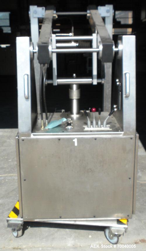 Used Servo-Lift Mobile Drum Handler, Model SLD 150/4, Stainless Steel. 23’’ (600 mm) maximum diameter container, 550 pound maximum capacity lift load (250 kg), approximately 135’’ dump height. Operat...