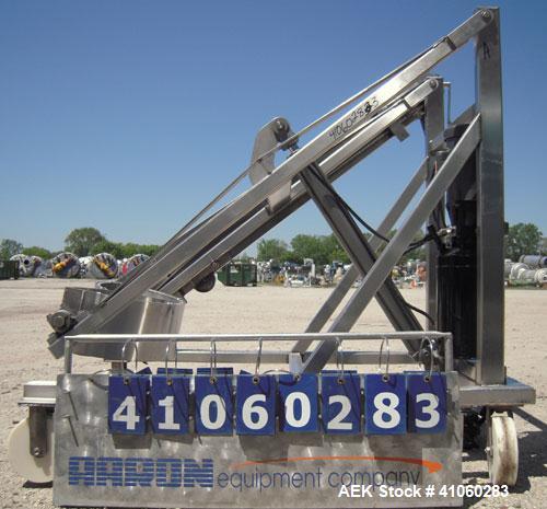 Used Sterling Fleischman Hydraulic Drum Lift, Model CP95AESMT, 304 Stainless Steel. Approximate 750 pound capacity, lift height of 95’’. 1/2 hp, 1/60/115/230 volt, 1725 rpm hydraulic motor. Manual ha...