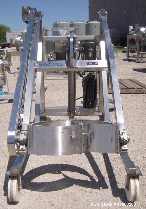 Used Sterling Fleischman Hydraulic Drum Lift, Model CP95AESMT, 304 Stainless Steel. Approximate 750 pound capacity, lift height of 95’’. 1/2 hp, 1/60/115/230 volt, 1725 rpm hydraulic motor. Manual ha...