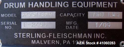 Used Sterling Fleischman Hydraulic Drum Lift, Model CP95AESMT, 304 Stainless Steel. Approximate 750 pound capacity, lift height of 95’’. 1/2 hp, 1/60/115/230 volt, 1725 rpm hydraulic motor. Manual ha...