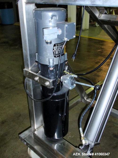 Used Sterling Fleischman Hydraulic Drum Lift, Model CP95AESMT, 304 Stainless Steel. Approximate 750 pound capacity, lift height of 95’’. 1/2 hp, 1/60/115/230 volt, 1725 rpm hydraulic motor. Manual ha...