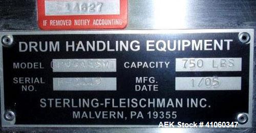 Used Sterling Fleischman Hydraulic Drum Lift, Model CP95AESMT, 304 Stainless Steel. Approximate 750 pound capacity, lift height of 95’’. 1/2 hp, 1/60/115/230 volt, 1725 rpm hydraulic motor. Manual ha...