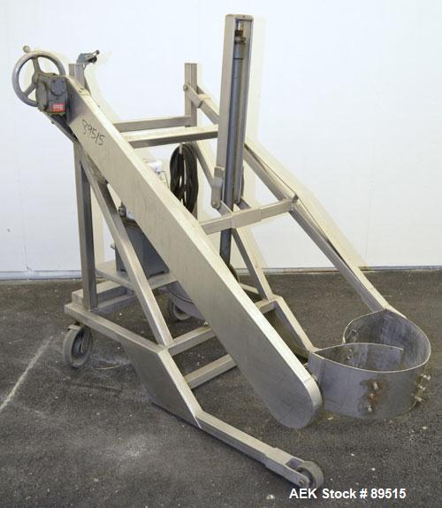 Used Sterling Fleischman Hydraulic Drum Dumper, 304 Stainless Steel. Approximate 750 pound capacity. 3/4 hp, 1/60/115/230 volt, 1725 rpm motor. Manual hand crank drum tilt. Unit mounted on casters.