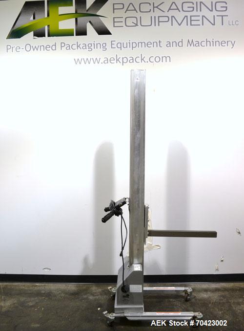 Used Vestil Manufacturing Model PEL-100-A/HC DC Powered Quick Lift Aluminum. Capacity 125 pounds. Raised height 72, lowered height 5-1/2. Operator control panel. Mounted on casters. Built 2006.