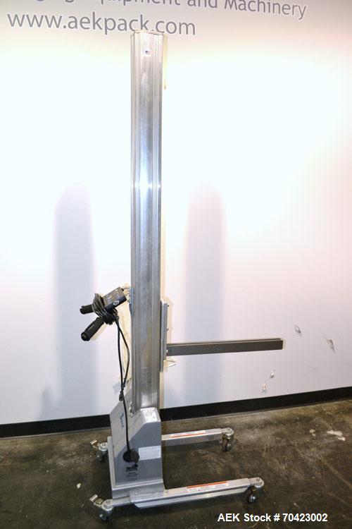 Used Vestil Manufacturing Model PEL-100-A/HC DC Powered Quick Lift Aluminum. Capacity 125 pounds. Raised height 72, lowered height 5-1/2. Operator control panel. Mounted on casters. Built 2006.