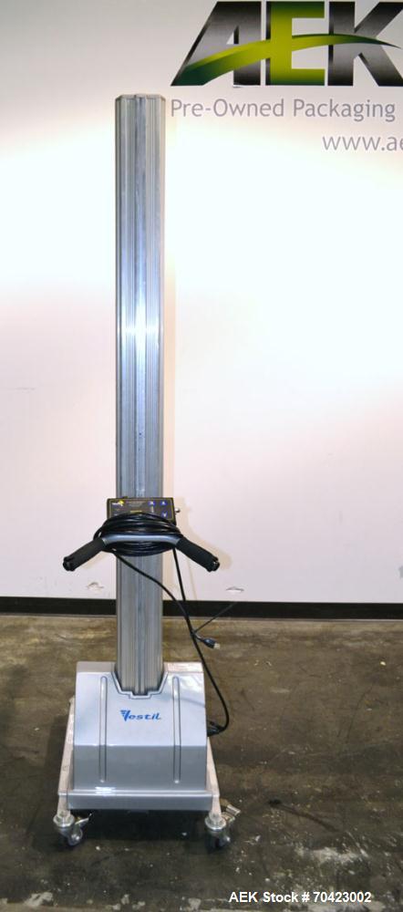 Used Vestil Manufacturing Model PEL-100-A/HC DC Powered Quick Lift Aluminum. Capacity 125 pounds. Raised height 72, lowered height 5-1/2. Operator control panel. Mounted on casters. Built 2006.
