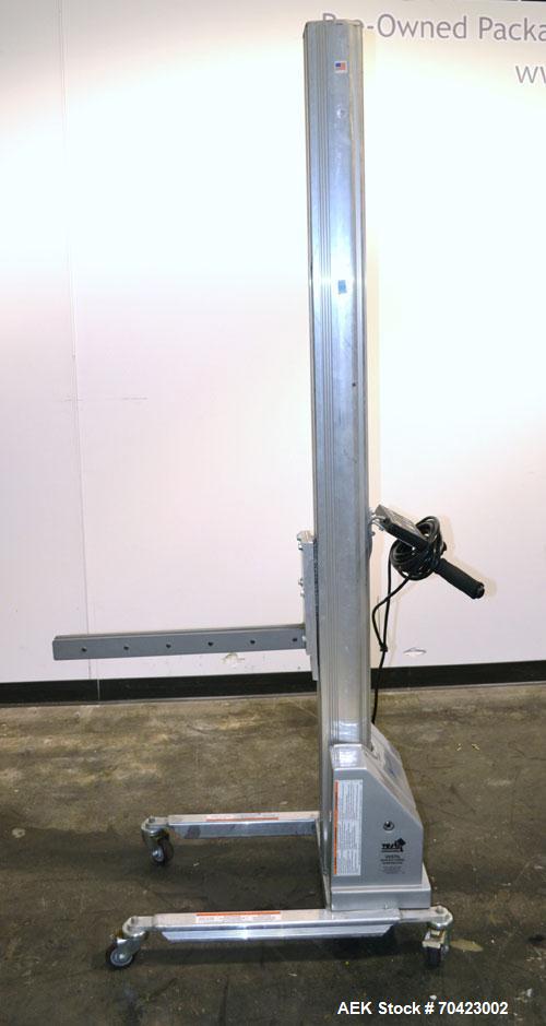 Used Vestil Manufacturing Model PEL-100-A/HC DC Powered Quick Lift Aluminum. Capacity 125 pounds. Raised height 72, lowered height 5-1/2. Operator control panel. Mounted on casters. Built 2006.