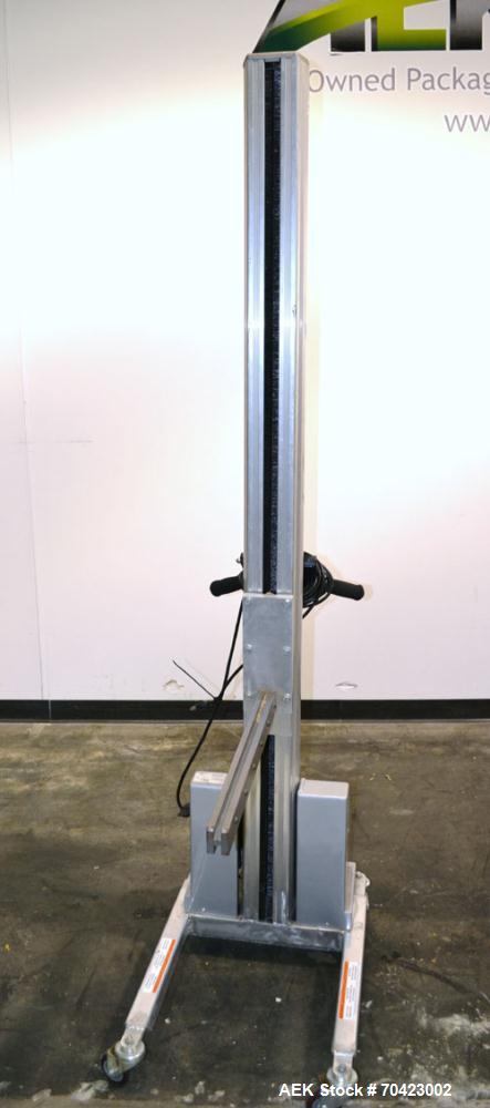 Used Vestil Manufacturing Model PEL-100-A/HC DC Powered Quick Lift Aluminum. Capacity 125 pounds. Raised height 72, lowered height 5-1/2. Operator control panel. Mounted on casters. Built 2006.