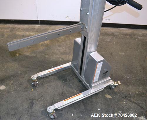Used Vestil Manufacturing Model PEL-100-A/HC DC Powered Quick Lift Aluminum. Capacity 125 pounds. Raised height 72, lowered height 5-1/2. Operator control panel. Mounted on casters. Built 2006.