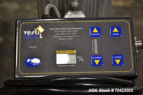 Used Vestil Manufacturing Model PEL-100-A/HC DC Powered Quick Lift Aluminum. Capacity 125 pounds. Raised height 72, lowered height 5-1/2. Operator control panel. Mounted on casters. Built 2006.