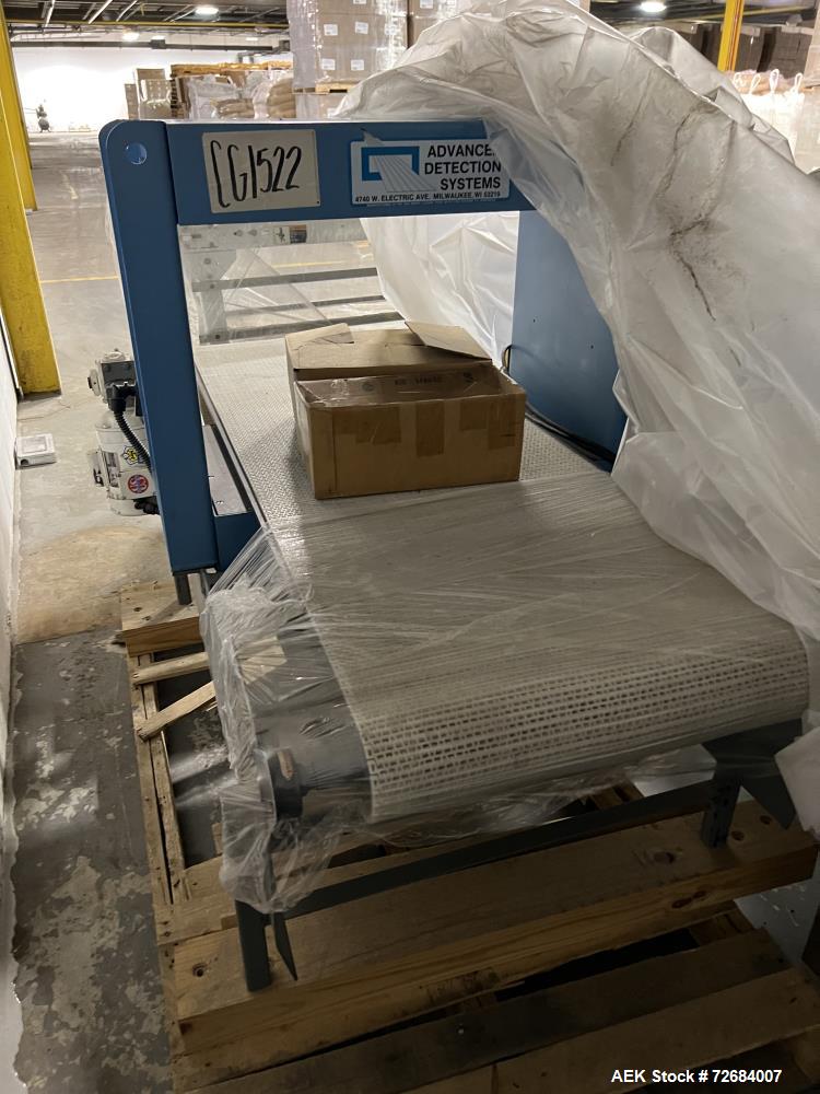 Used Advanced Detection System Series 9100 Large Aperture Metal Detector. Machine was designed to sense particles between 0.250"  0.500" (6.25mm-12.5mm) in size, aperture is approximate 24" wide x 12...