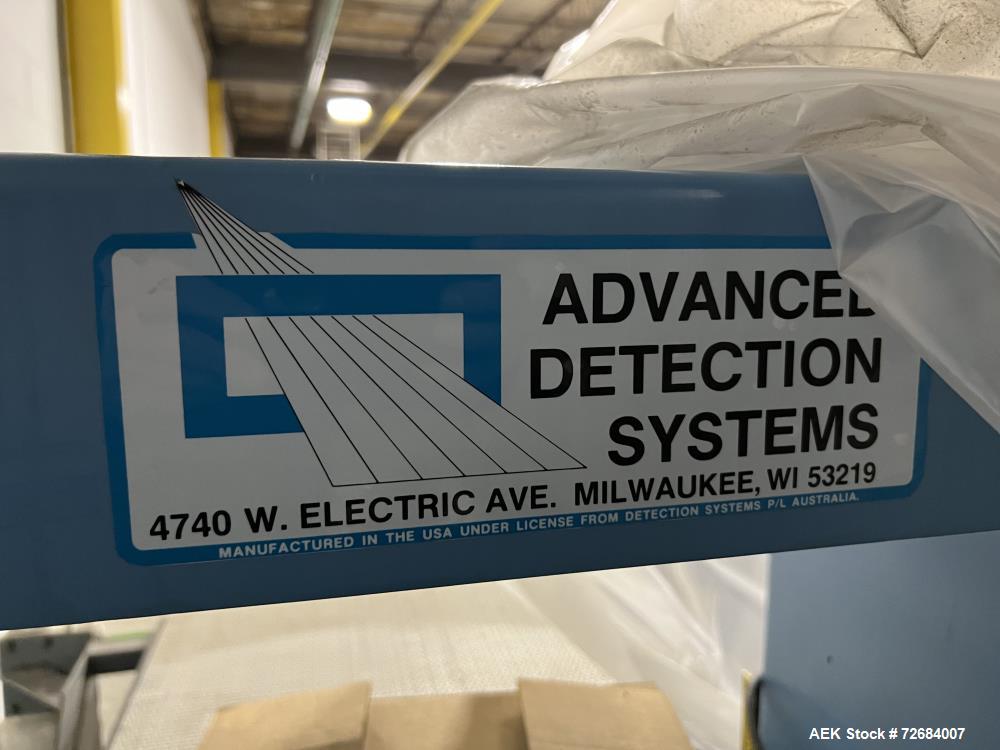 Used Advanced Detection System Series 9100 Large Aperture Metal Detector. Machine was designed to sense particles between 0.250"  0.500" (6.25mm-12.5mm) in size, aperture is approximate 24" wide x 12...