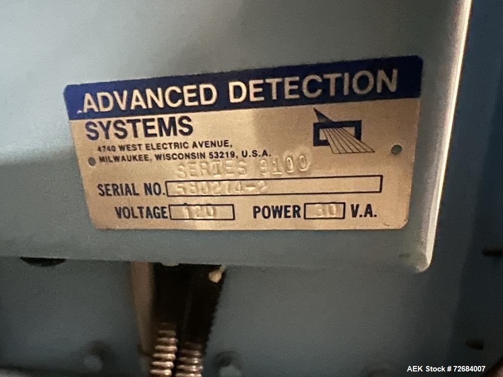 Used Advanced Detection System Series 9100 Large Aperture Metal Detector. Machine was designed to sense particles between 0.250"  0.500" (6.25mm-12.5mm) in size, aperture is approximate 24" wide x 12...