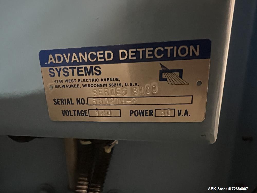 Used Advanced Detection System Series 9100 Large Aperture Metal Detector. Machine was designed to sense particles between 0.250"  0.500" (6.25mm-12.5mm) in size, aperture is approximate 24" wide x 12...