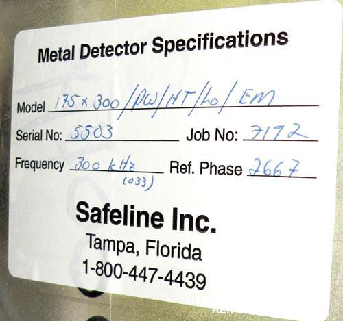 Used Safeline Metal Detector, Model 175X 300 /PW/HT/LO/EM. Capable of seeing a 1.0 fe, 1.2nf, and a 1.5ss. Aperture size 7" wide x 12" tall x 11" long, usable aperture height approximately 11-1/2" hi...