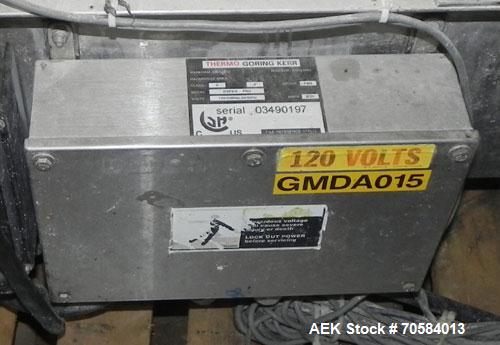 Used Goring-Kerr (Thermo-Engineering) DSP3/S-PSU Metal Detector.  Machine has a 16" wide x 4.5" high aperture.  Has a 16'' wide x 62'' long belt conveyor.  Last used on a frozen pizza line.  3/60/120...