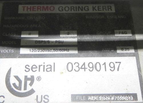 Used Goring-Kerr (Thermo-Engineering) DSP3/S-PSU Metal Detector.  Machine has a 16" wide x 4.5" high aperture.  Has a 16'' wide x 62'' long belt conveyor.  Last used on a frozen pizza line.  3/60/120...