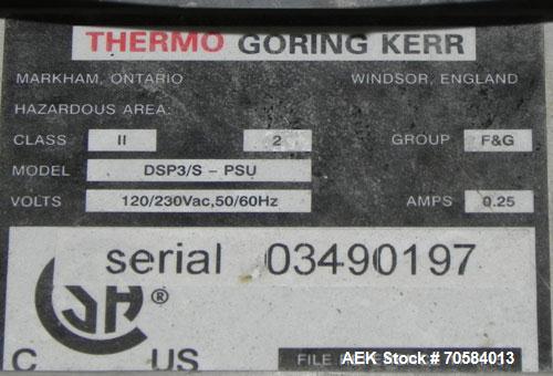 Used Goring-Kerr (Thermo-Engineering) DSP3/S-PSU Metal Detector.  Machine has a 16" wide x 4.5" high aperture.  Has a 16'' wide x 62'' long belt conveyor.  Last used on a frozen pizza line.  3/60/120...