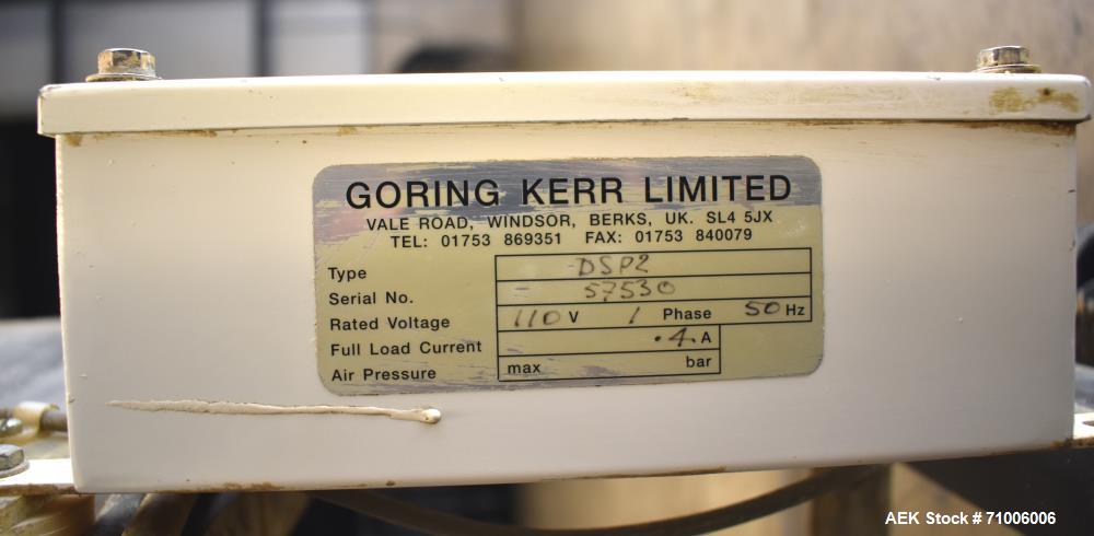 Used Goring Kerr Metal Detector, Model DSP2, 23.75" Wide x 11" high aperture. 22"Wide x 72" long plastic mattop conveyor. Stop belt reject. All stainless steel frame with casters.  3/60/208V (met Det...