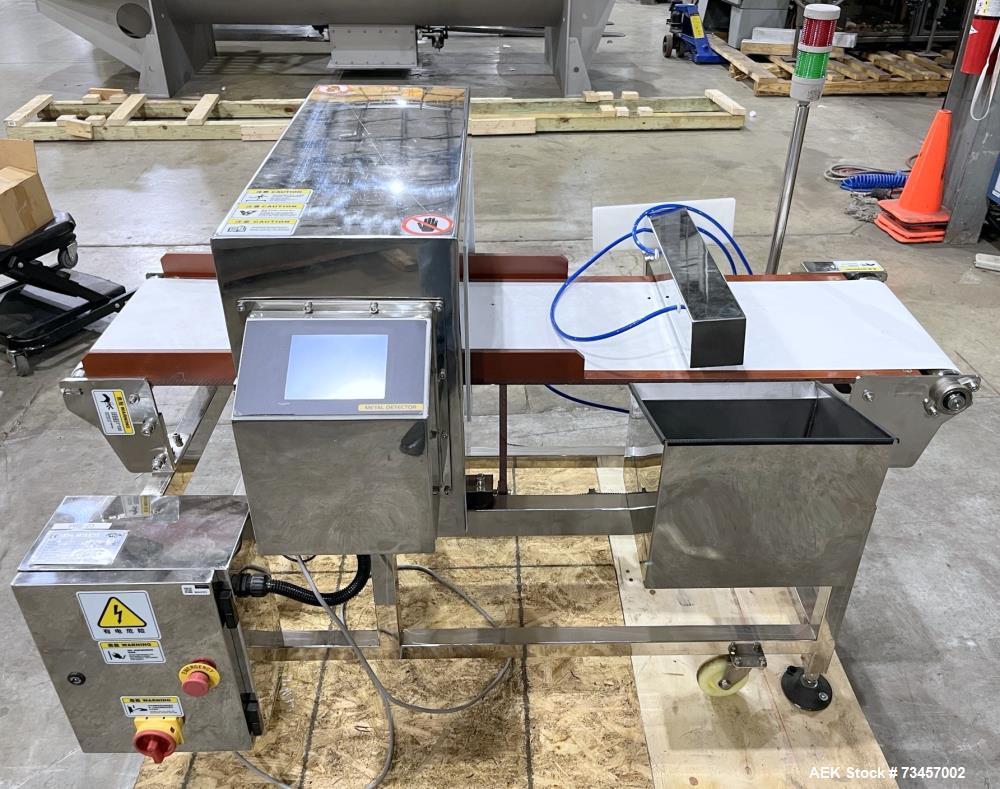 Used Shanghai Develop Machinery Co Model JS400-250 Metal Detector. 0.2kW. Air operated reject arm. 1/60/220 Volt, 2 Amp. Serial# 2970-02. Built 2021.