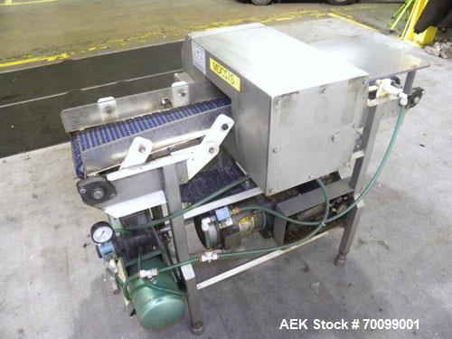 Used Loma IQ Superscan Micro Metal Detector, Stainless Steel Construction. Aperture 8" wide x 4" high. Includes a belt conveyor and air reject, approximate 33-1/2’’ discharge height. Machine footprin...