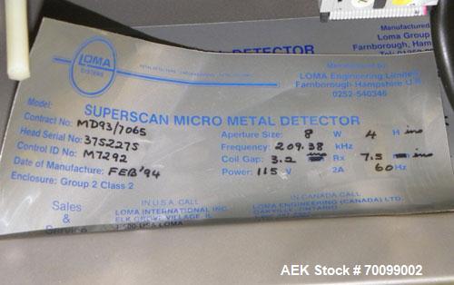 Used Loma IQ Superscan Micro Metal Detector, Stainless Steel Construction. Aperture 8" wide x 4" high. Includes a belt conveyor and air reject, approximate 33-1/2’’ discharge height. Machine footprin...