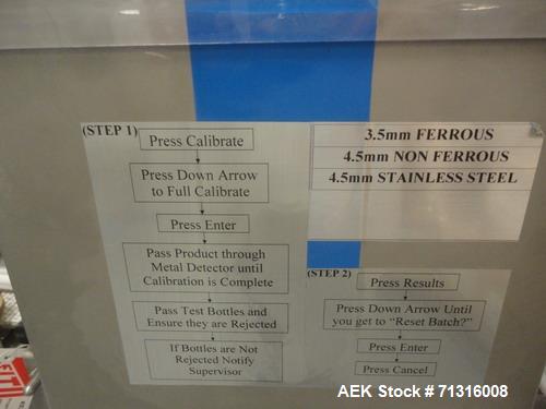 Used Loma Model IQ2 Metal Detector with conveyor and reject. Metal detector is vertical and last set up for solid dose bottling line. Head is 5"W x 10"H as 12"Deep. Includes integral chain conveyor w...