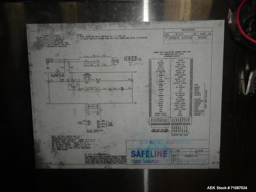 Used Mettler-Toledo Model SL 1200 Safeline Metal Detector.  Has a 13 1/2" x 7" high aperature.  Mounted over a 60" long x 12" wide conveyor.  Drive by a 1/2 HP, 1/60/115/208-230 Volt washdown motor. ...