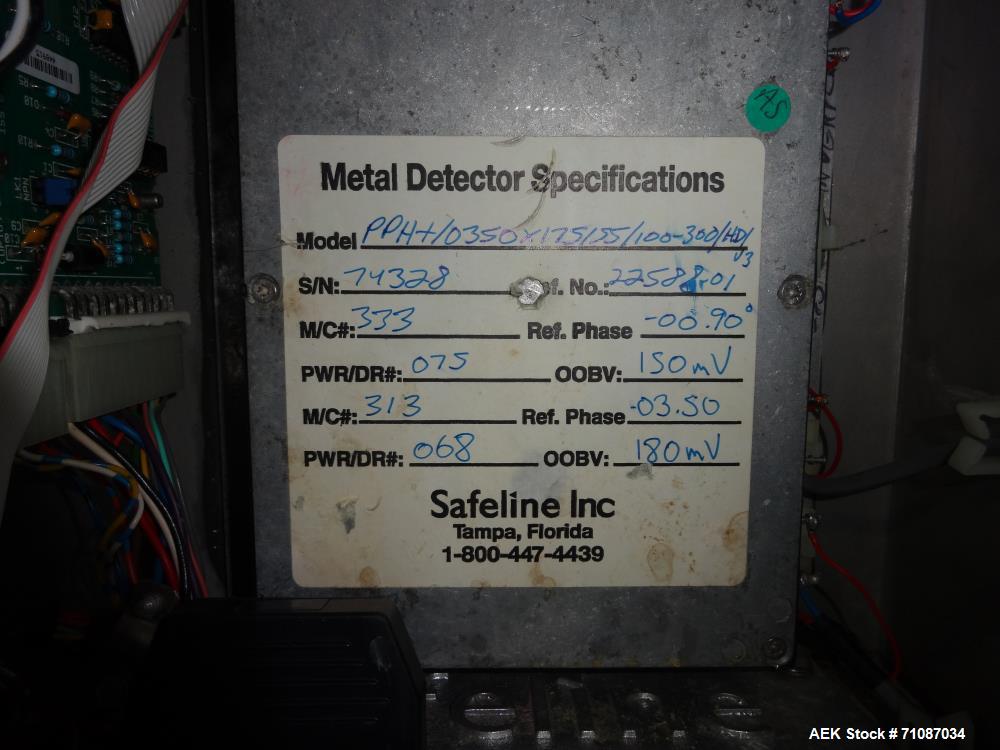 Used Mettler-Toledo Model SL 1200 Safeline Metal Detector.  Has a 13 1/2" x 7" high aperature.  Mounted over a 60" long x 12" wide conveyor.  Drive by a 1/2 HP, 1/60/115/208-230 Volt washdown motor. ...