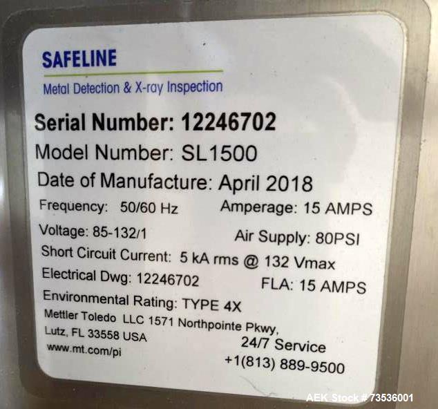 Used Mettler-Toledo Safeline Conveyor Mounted Metal Detector, Model SL1500. Metal detector is rated for products up to 20kgs. Has an aperture size of 8"W X 6"T  Variable speed controlled conveyor. Co...