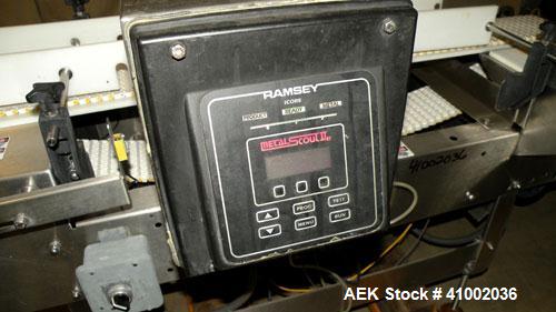 Used Ramsey Icore Metal Detector, Model Metal Scout IIE 808. Usable aperture size 7 3/4" wide x 6 1/2" high x 9 3/4" deep. Includes a Ramsey model 506 conveyor. 6" wide x 59" long plastic belt, drive...