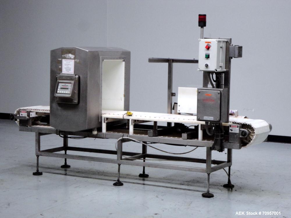 Used Safeline Model 16X22 Metal Detector. Has 16" wide(400mm) x 22" tall (550mm) product aperature, and 20-1/2" tall with current belt, 300 KHz Frequency. Mounted on 108" long x 14" wide conveyor wit...