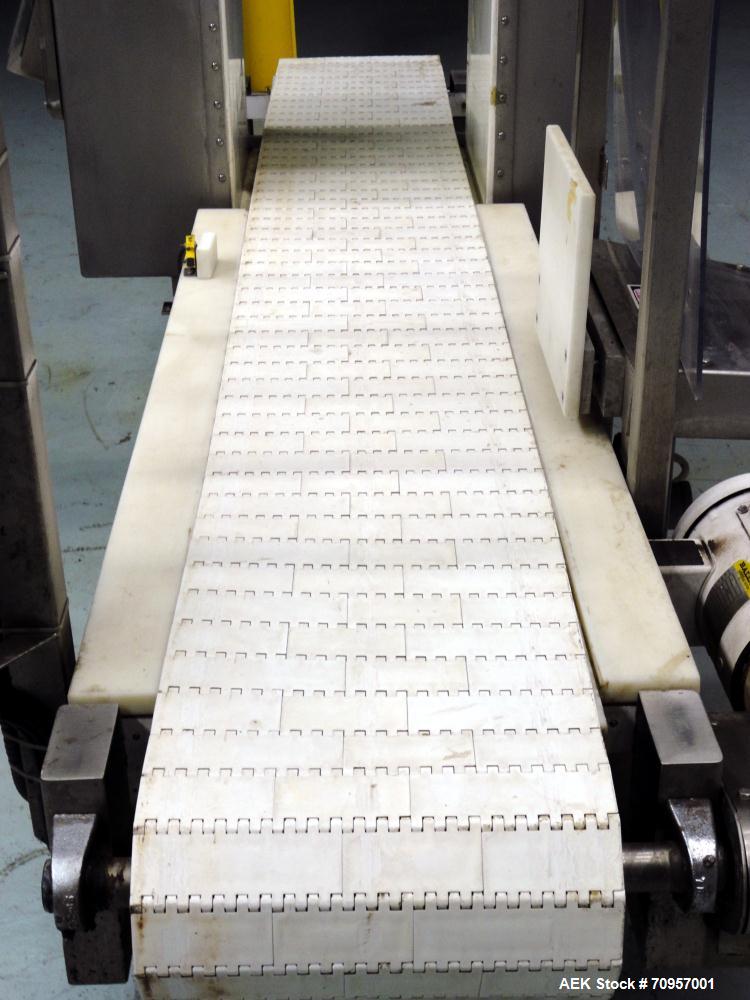 Used Safeline Model 16X22 Metal Detector. Has 16" wide(400mm) x 22" tall (550mm) product aperature, and 20-1/2" tall with current belt, 300 KHz Frequency. Mounted on 108" long x 14" wide conveyor wit...