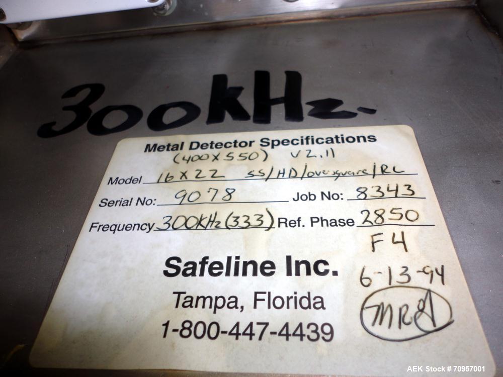 Used Safeline Model 16X22 Metal Detector. Has 16" wide(400mm) x 22" tall (550mm) product aperature, and 20-1/2" tall with current belt, 300 KHz Frequency. Mounted on 108" long x 14" wide conveyor wit...
