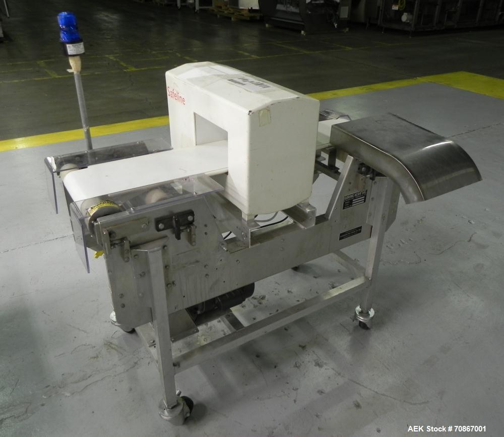 Used Safeline Model 250X150 Metal Detector. Has a 10" (wide) by 5.25" product aperature. Mounted on a Goring Kerr 48" (long) by 12" (wide) aluminum conveyor with Air Knife reject station. Has a 1.07 ...