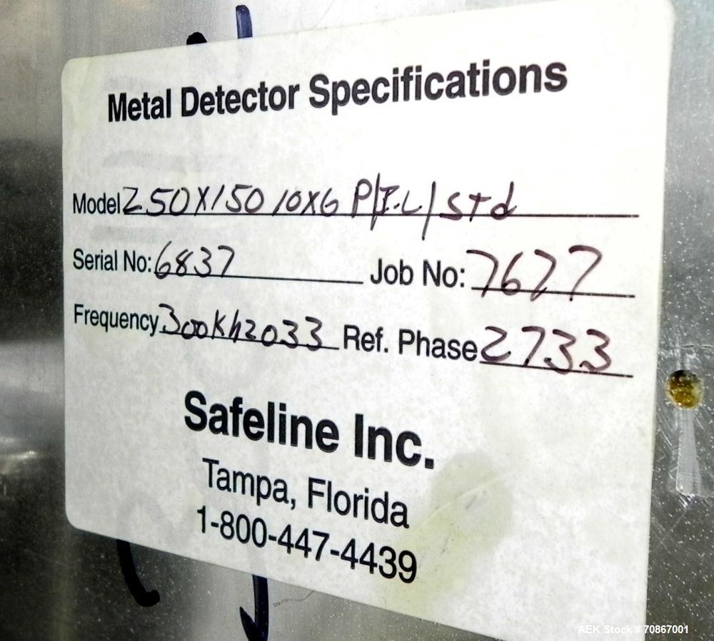Used Safeline Model 250X150 Metal Detector. Has a 10" (wide) by 5.25" product aperature. Mounted on a Goring Kerr 48" (long) by 12" (wide) aluminum conveyor with Air Knife reject station. Has a 1.07 ...