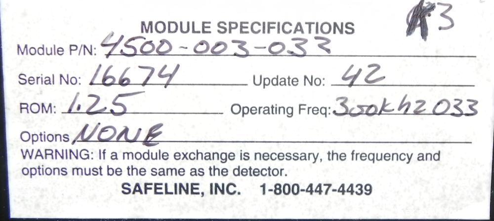 Used Safeline Model 250X150 Metal Detector. Has a 10" (wide) by 5.25" product aperature. Mounted on a Goring Kerr 48" (long) by 12" (wide) aluminum conveyor with Air Knife reject station. Has a 1.07 ...