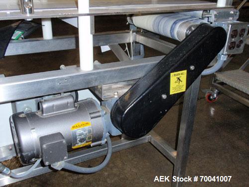Used Safeline Metal Detector, Model 4500-003-033. Aperture size 14" wide x 2-3/4" high. Includes a control panel, air reject, and a belt conveyor 12" wide x 96" long belt, driven by a 1/2 hp, 3/60/23...
