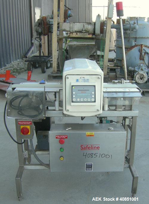 Used Safeline Metal Detector, Model PPH+/08x4/P/300-800/ABS/V3/RC/RS232.Aperture size approximately 8" wide x 3 1/4" high x 11 1/4" long.Includes a control panel and a belt conveyor, 4 3/4" wide x 42...