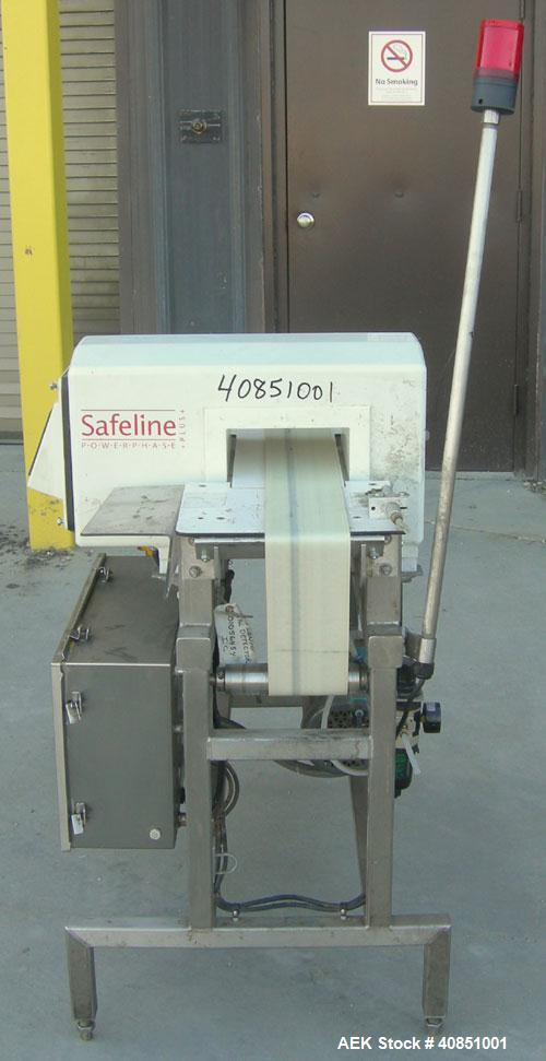 Used Safeline Metal Detector, Model PPH+/08x4/P/300-800/ABS/V3/RC/RS232.Aperture size approximately 8" wide x 3 1/4" high x 11 1/4" long.Includes a control panel and a belt conveyor, 4 3/4" wide x 42...