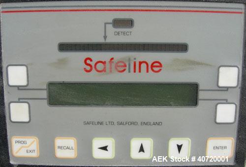 Used Safeline Metal Detector, Model STD18X19-P-300-MD. Aperture size 18" wide x 19" high x 16" long. Includes a control panel and a belt conveyor, 16" wide x 84" long plastic belt, driven by a 1/3 hp...