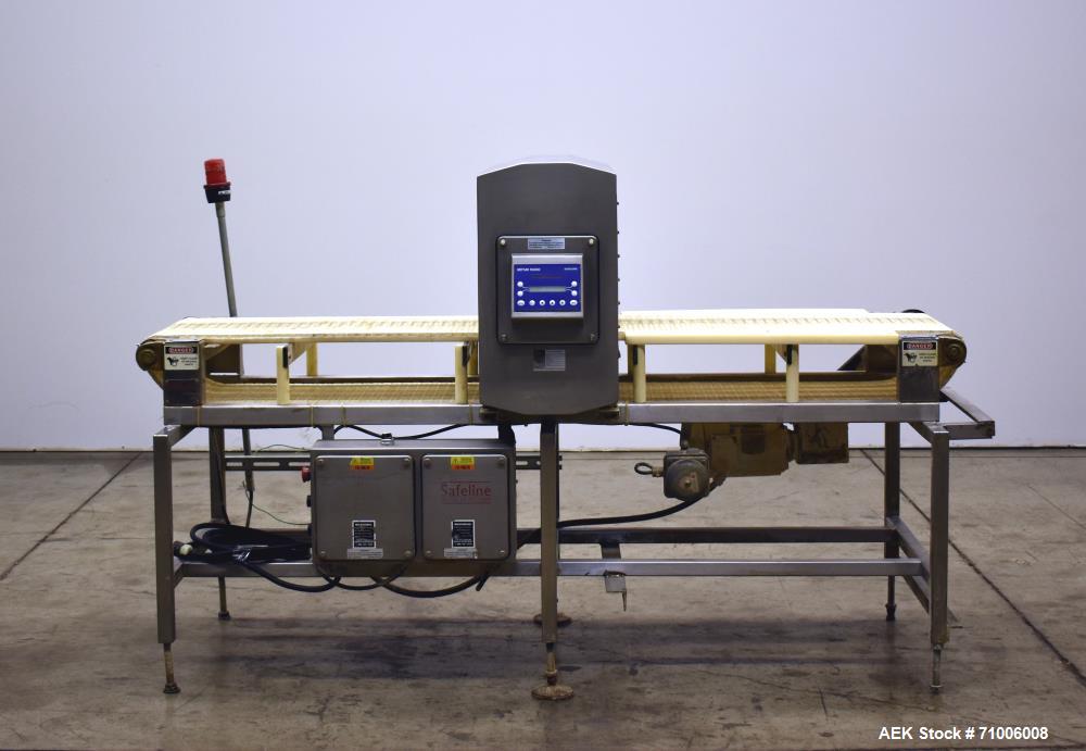 Used SafelineMetal Detector. 16" wide xx 12" high above conveyor,  stop belt reject,