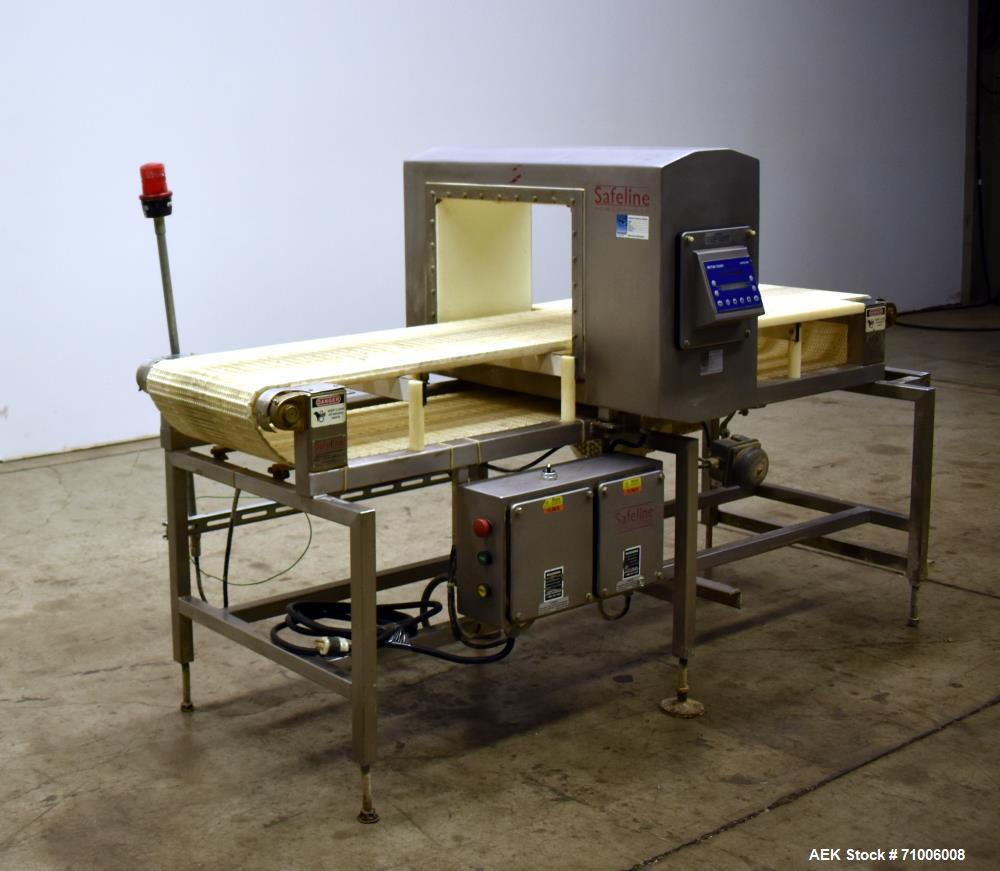 Used SafelineMetal Detector. 16" wide xx 12" high above conveyor,  stop belt reject,