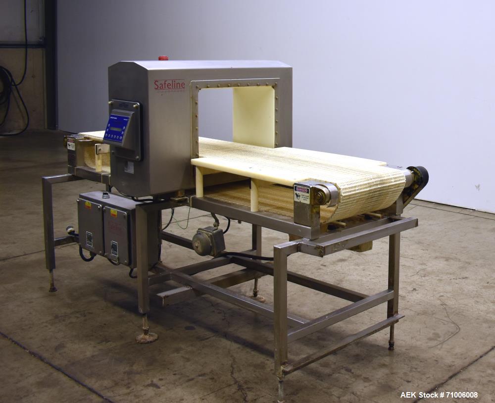 Used SafelineMetal Detector. 16" wide xx 12" high above conveyor,  stop belt reject,