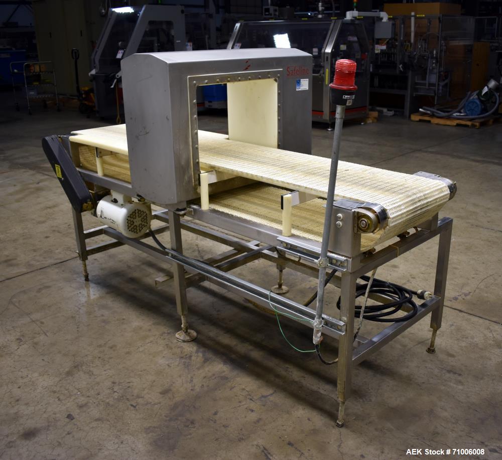 Used SafelineMetal Detector. 16" wide xx 12" high above conveyor,  stop belt reject,