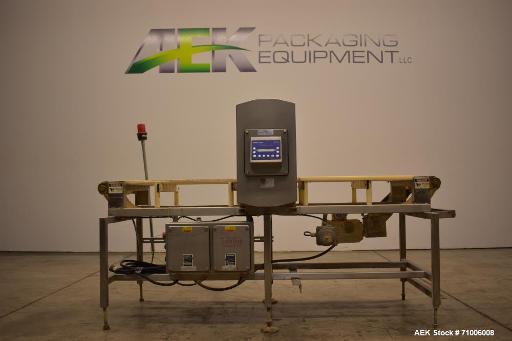 Used SafelineMetal Detector. 16" wide xx 12" high above conveyor,  stop belt reject,