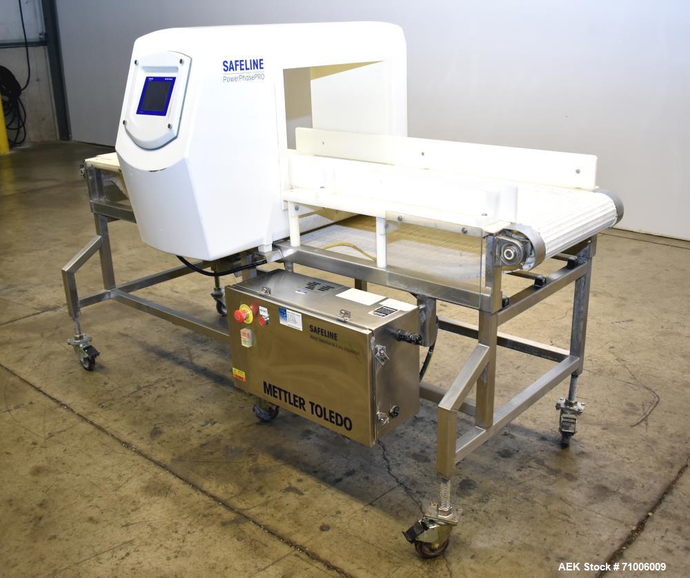 Used Safeline-Power Phase PRO Metal Detector. Model SL2000, 18.75" Wide x 14.75" tall aperture, 18" wide x 83" long plastic mattop conveyor. Stop belt reject. Stainless steel frame on casters. 1/60/1...
